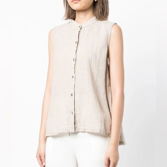 Eileen Fisher Gingham Puckered Organic Linen Sleeveless Shirt in Pebble | Large - Picture 2 of 8